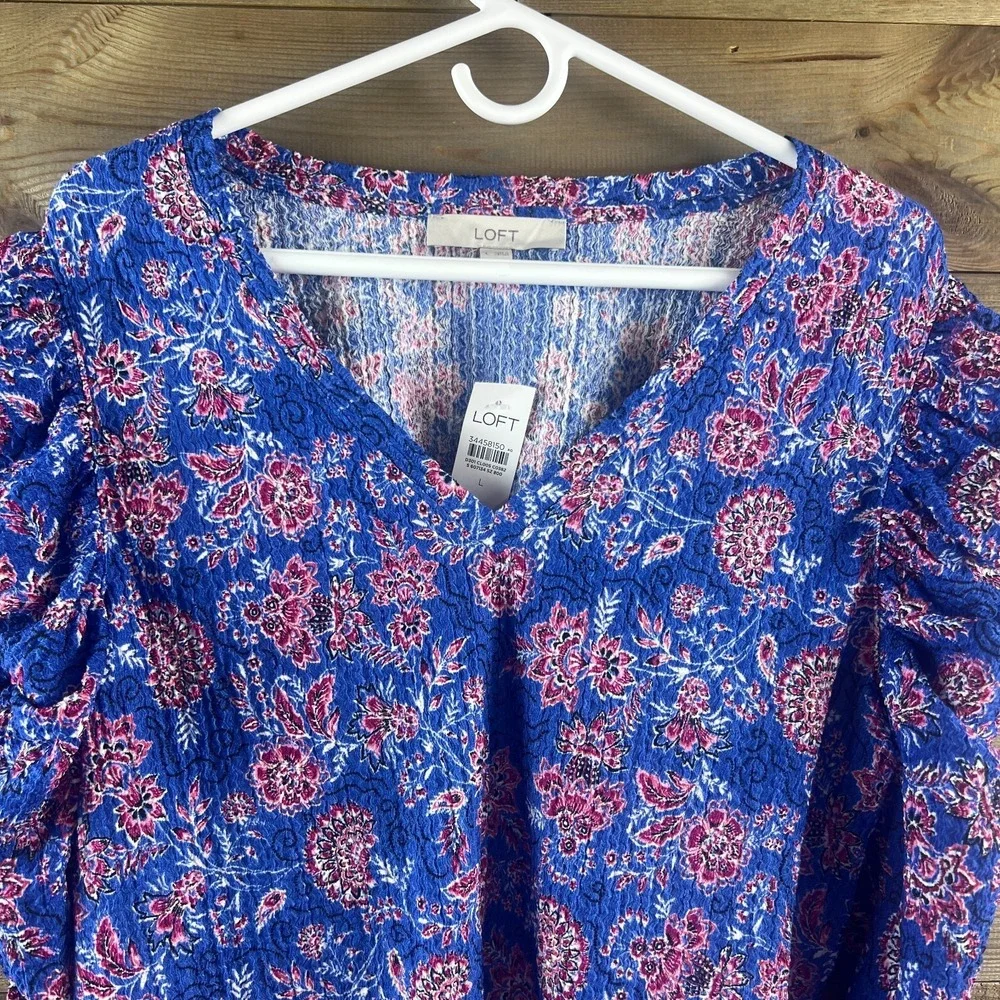 Loft Womens Shirt Garden Shirred Puff Sleeve‎ Cerulian Star Floral Peasant Large